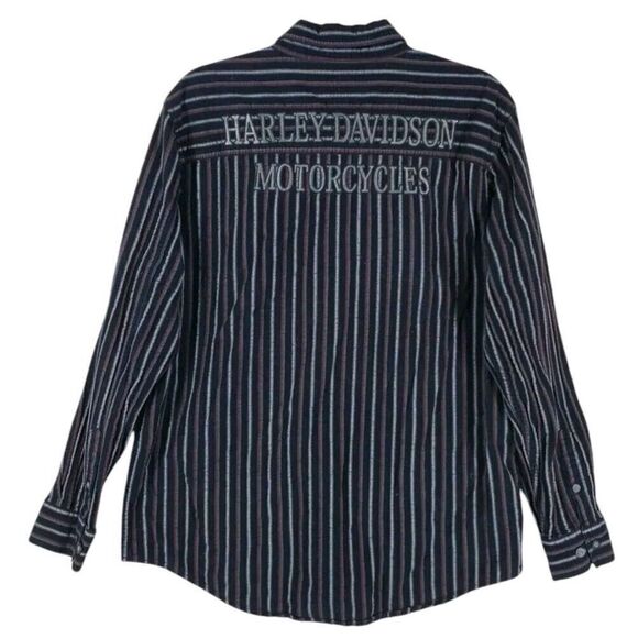 Harley Davidson Button Up Shirt Mens L Black Gray Striped LS Embroidered Logo - Picture 12 of 13